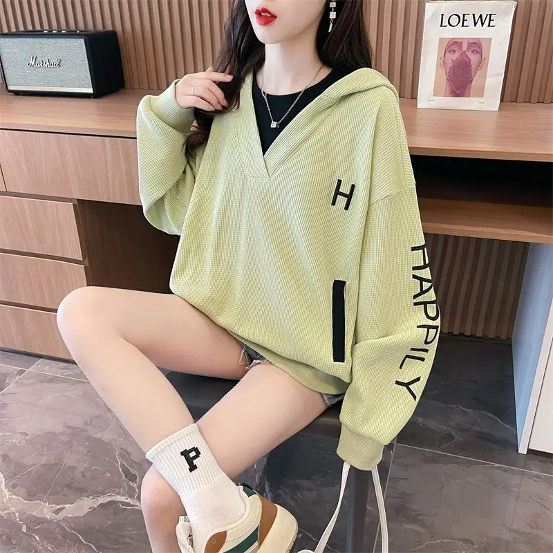 Fashion Printed Spliced Hooded Sweatshirts Female Clothing 2023 Autumn Winter Loose Casual Tops Fake Two Pieces Sweatshirts
