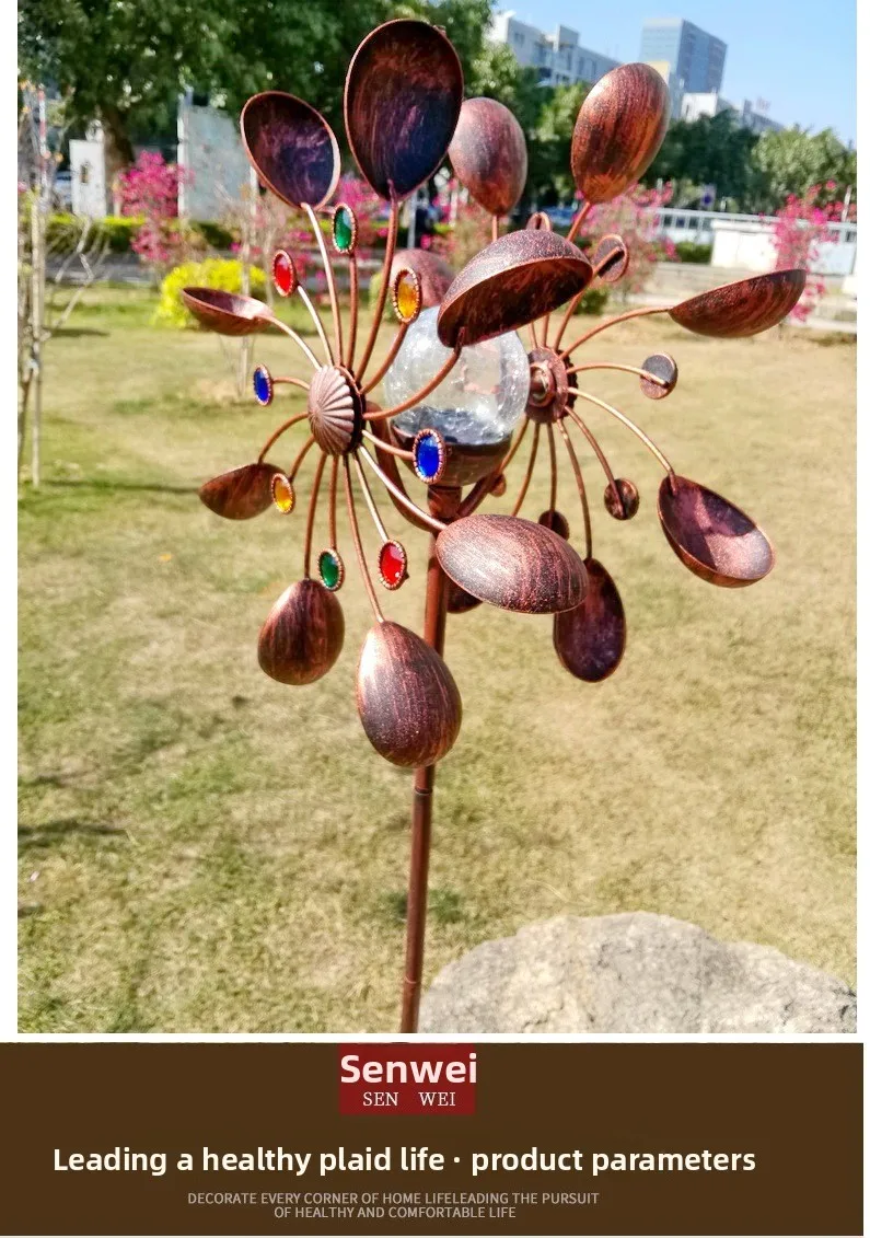 Garden Solar Powered Wind Spinners Glass Iron Windmill Solar Powered Bronze Metal Art Craft Garden Yard Landscape Decoration