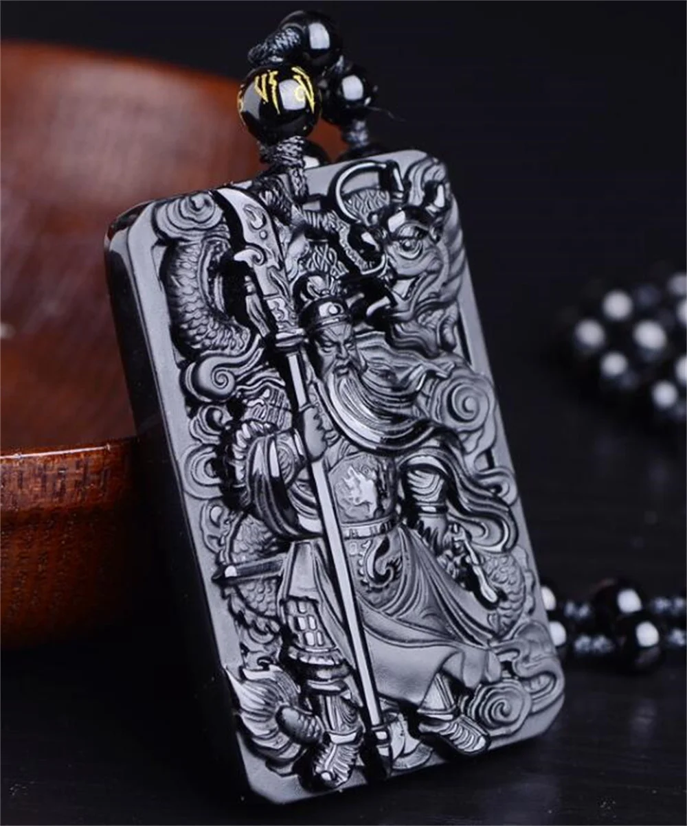 Chinese Handwork Natural Black Obsidian Carved Sword GuanGong Lucky Amulet Pendant + Beads Necklace Vintage Fashion Jewelry Gift pendant necklace