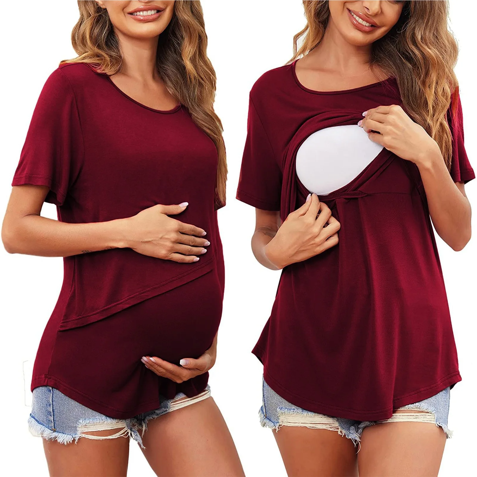 Women Maternity Breastfeeding Tee Nursing Tops Solid Color Short Sleeve T-shirt Plus Size S-2XL Maternity Clothing Tees 4