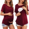 Women Maternity Breastfeeding Tee Nursing Tops Solid Color Short Sleeve T-shirt Plus Size S-2XL Maternity Clothing Tees 4