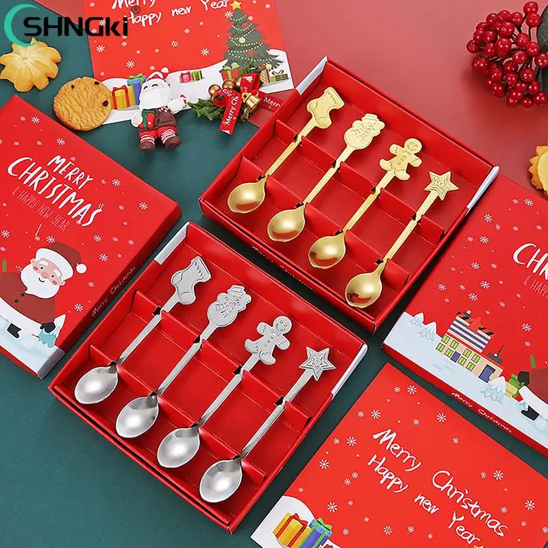 

4Pcs/Set Golden Silvery Christmas Spoon Gift Box Stainless Steel Coffee Spoon Elk Snowman Santa Gingerbread Spoon Fine Gift