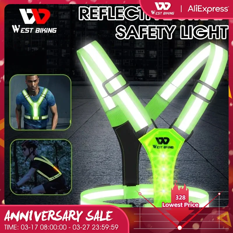 

WEST BIKING Outdoor Sport Light Reflective Strap Vest Safe Running Warning USB Charging LED Night Chest Lamp Cycling Accessories