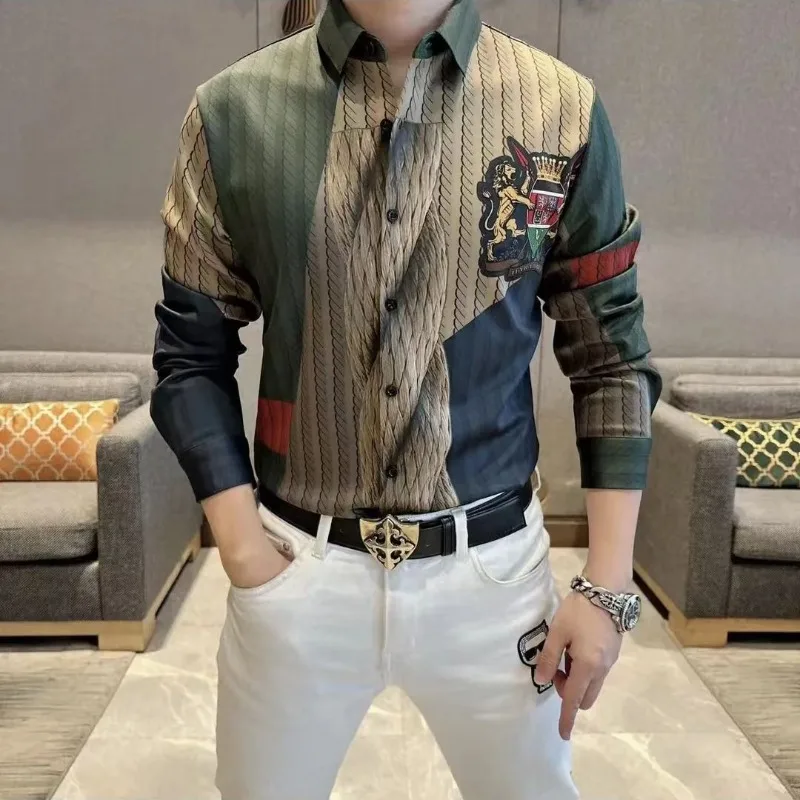 

2023 Spring and Autumn New Men's Thin Polo Neck Fashion Cardigan Button Geometric Printed Long Sleeved Slim Trendy Shirts Tops