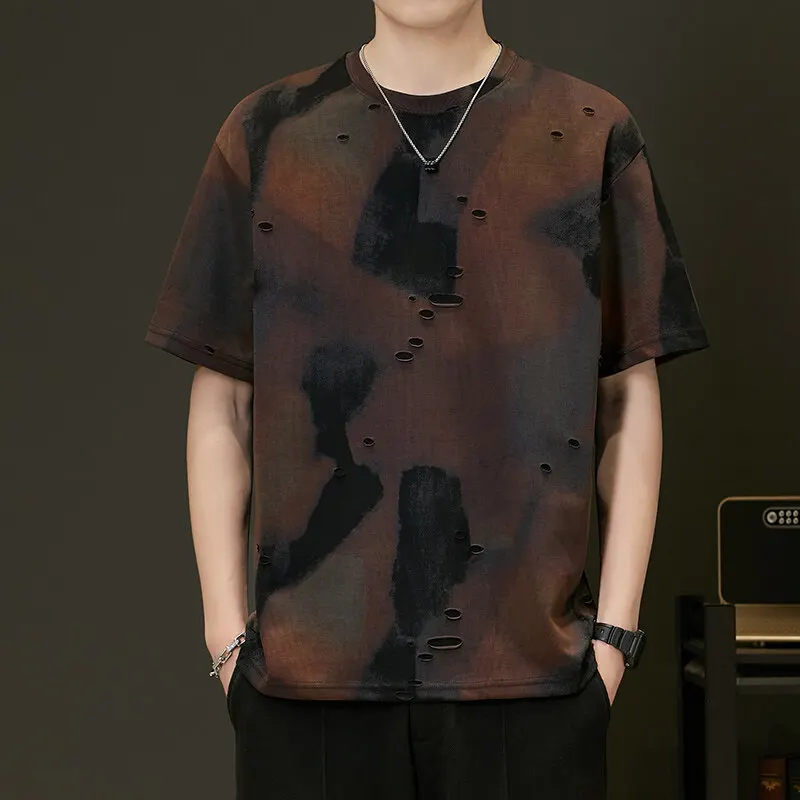 Tie-Dye Distressed Kurzarm-Baumwoll-T-Shirts für Herren – Sommer 2026 Trendige Jugend-Ripped-Hole-Tees – High-Street-Wear Oberteile Kleidung