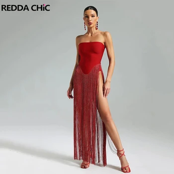 REDDACHiC Sexy Glitter Fringe Women's Bodysuit Patchwork Stretch Corset Strapless Tube Top Trendy Concert Nightclub Dance Wear