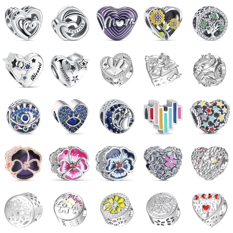 

New 925 Sterling Silver Hollow Simple Charm Heart Mom Flower Tree Fashion Beads Fit Original Pandora Charms Bracelet DIY Jewelry