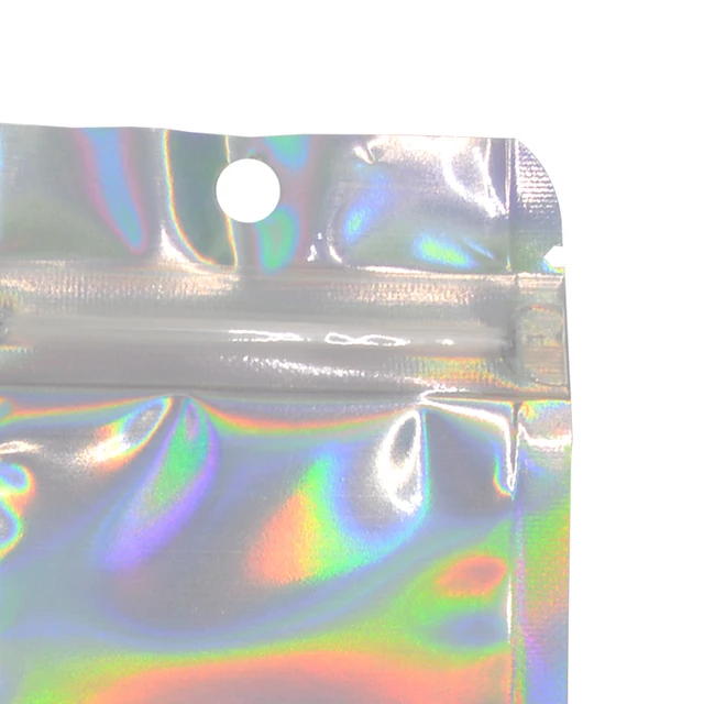 100 pièces hologramme feuille d'aluminium et sacs transparents à fermeture éclair longue pochette en plastique montre stylo bijoux cosmétiques Usb données câble sacs 5