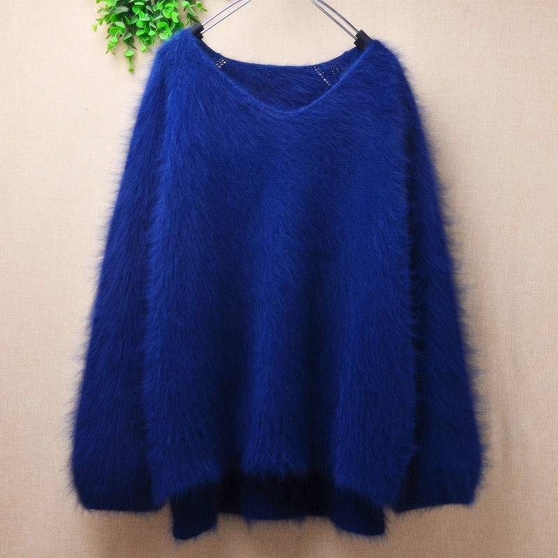 

Ladies Women Fall Winter Blue Hairy Angora Rabbit Hair Knitted Long Flare Sleeves V-Neck Loose Pullover Jumper Sweater Pull Top