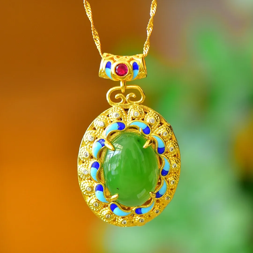 

Natural Green Jade Pendant With Ruby Zircon Hetian Jades Nephrite Enamel Oval Pendant Necklace Women Fine Jewelry Accessories