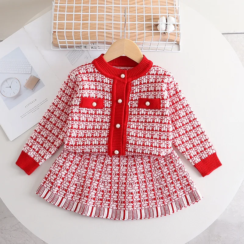 

Girls Knitted Clothes Sets Spring Autumn Children Sweater Coats Skirts 2pcs Party Dress Suit For Baby Costume Kids Outfits 4 5Y
