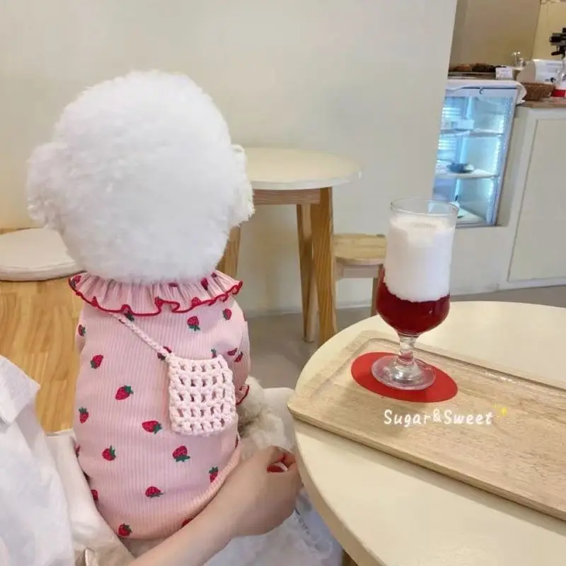 딸기 프린트 작은 개 고양이 조끼 여름 통기성 프릴 칼라 작은 개 고양이를위한 귀여운 애완 동물 의류 부드럽고 편안한 착용
