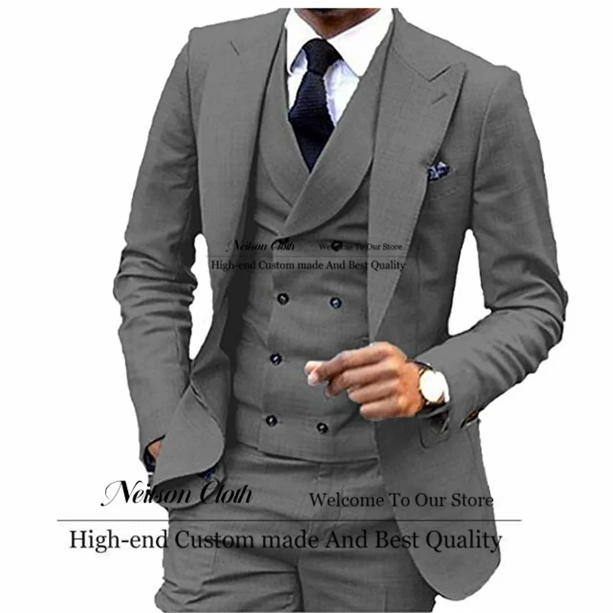 

Fashion Gray Men Suits Peaked Lapel Groom Wedding Tuxedos 3 Pieces Sets Male Prom Blazers Groomsmen Slim Fit Terno Masculino