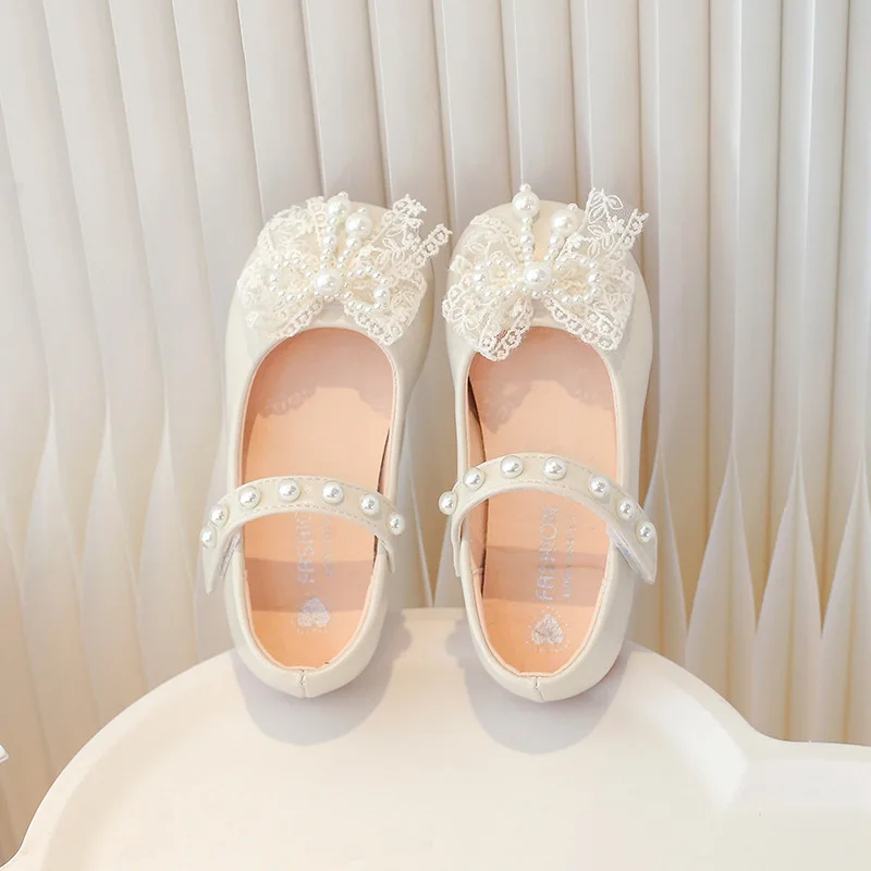 Spring New Children's Leather Shoes Fashion Lace Bow Girls' Princess Shoes Soft Sole Anti Slip Baby Kid's Casual Flat