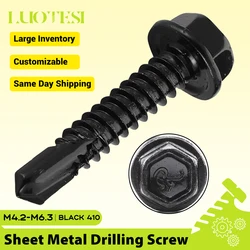 Black Zinc Plated Stainless Steel Hex Washer Head Self - Drilling Screws - M6.3 10pcs