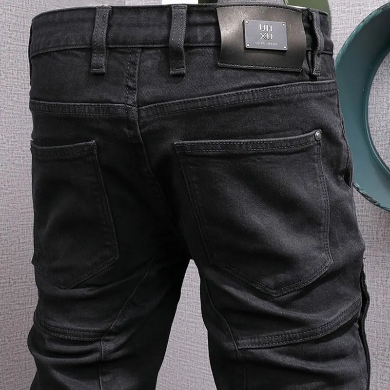 Streetwear Fashion Men Jeans Black Stretch Slim Fit Spliced Designer Biker Jeans Homme Patched Hip Hop Denim Punk Pants Men
