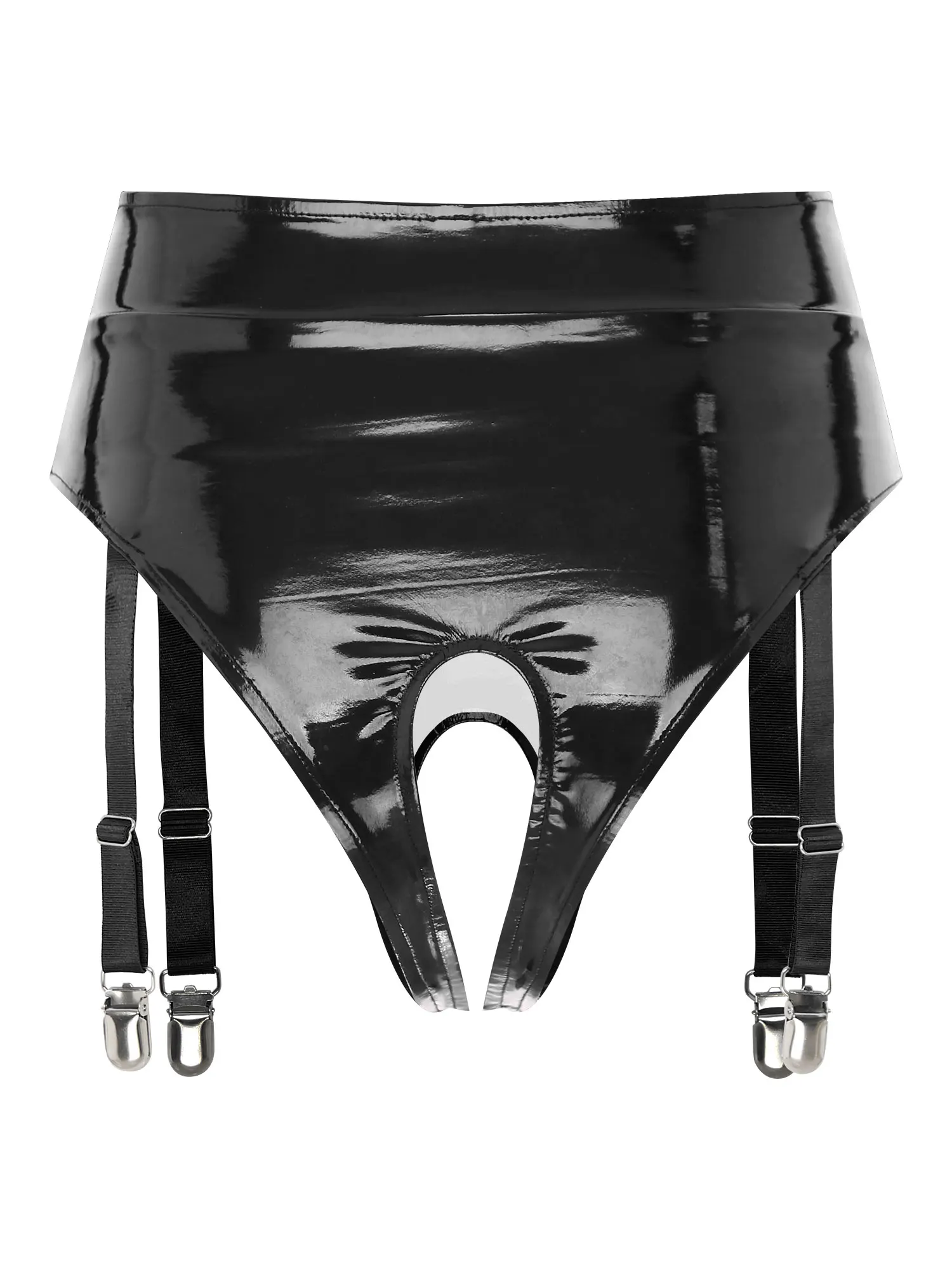 Women's Wet Look Patent Leather Crotchless Underwear Garter Clip High Waist Sexy Open Crotch Latex Thong Lingerie Nightwear