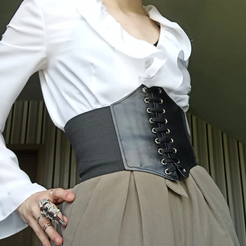 Gothic Women Corset Wide Pu Leather Girdle Slimming Body Belts with Bandage Ladies Elastic High Waist Belts Feminin Ceinture