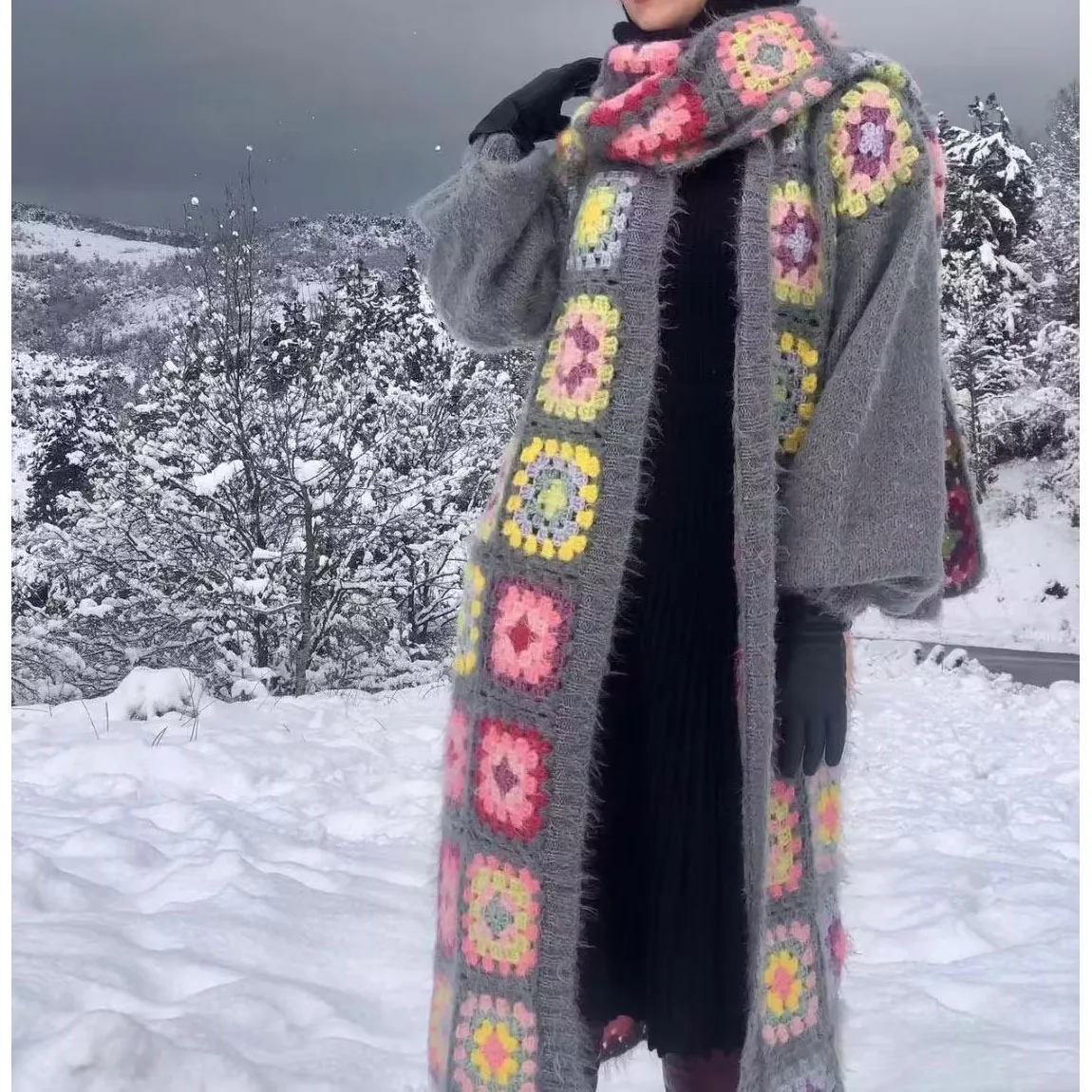

Crochet Knitted Women Xlong Cardigans 2023 Fall Winter New Popular Outerwear Plaid Hollow Out Workout Casual Loose Sweater Coats