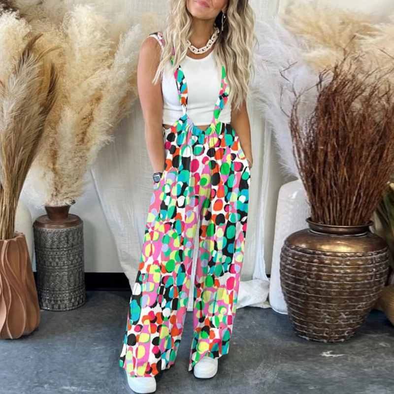 

Spring Colored Circle Print Strappy Bodysuit Jumpsuits Women Sexy U Neck Hollow Office Romper Summer Backless Wide Leg Playsuits