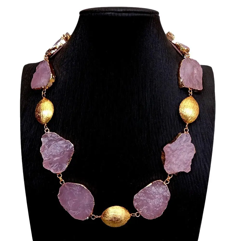 

Y.YING Natural Rose Quartz Rough Necklace Gemstone Gold Plated Brushed Raw Necklaces