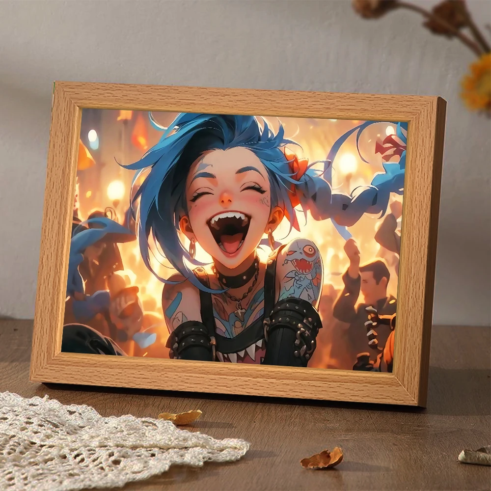 LED Illuminated Anime Frame featuring League of Legends' Jinx – Unique Bedroom Decor & Perfect Gift