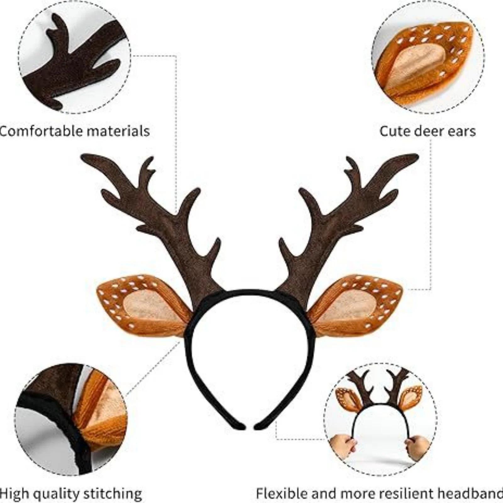 1PC Deer Antlers Headband: Plush Ear & Brown Antler Hair Hoop for Christmas Party, Animal Cosplay, Holiday Dress - Up Accessory