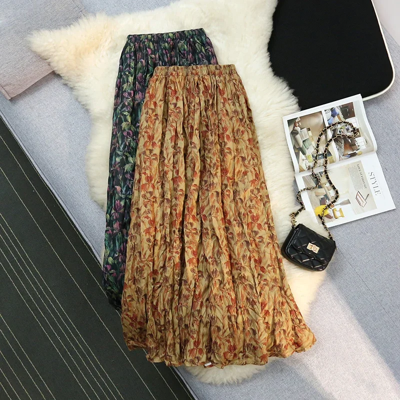 

Women Skirt Printing Floral High-waisted A-line Korean Style Pleated Skirt Autumn Folds Loose Fit Faldas Largas Vintage Dropship