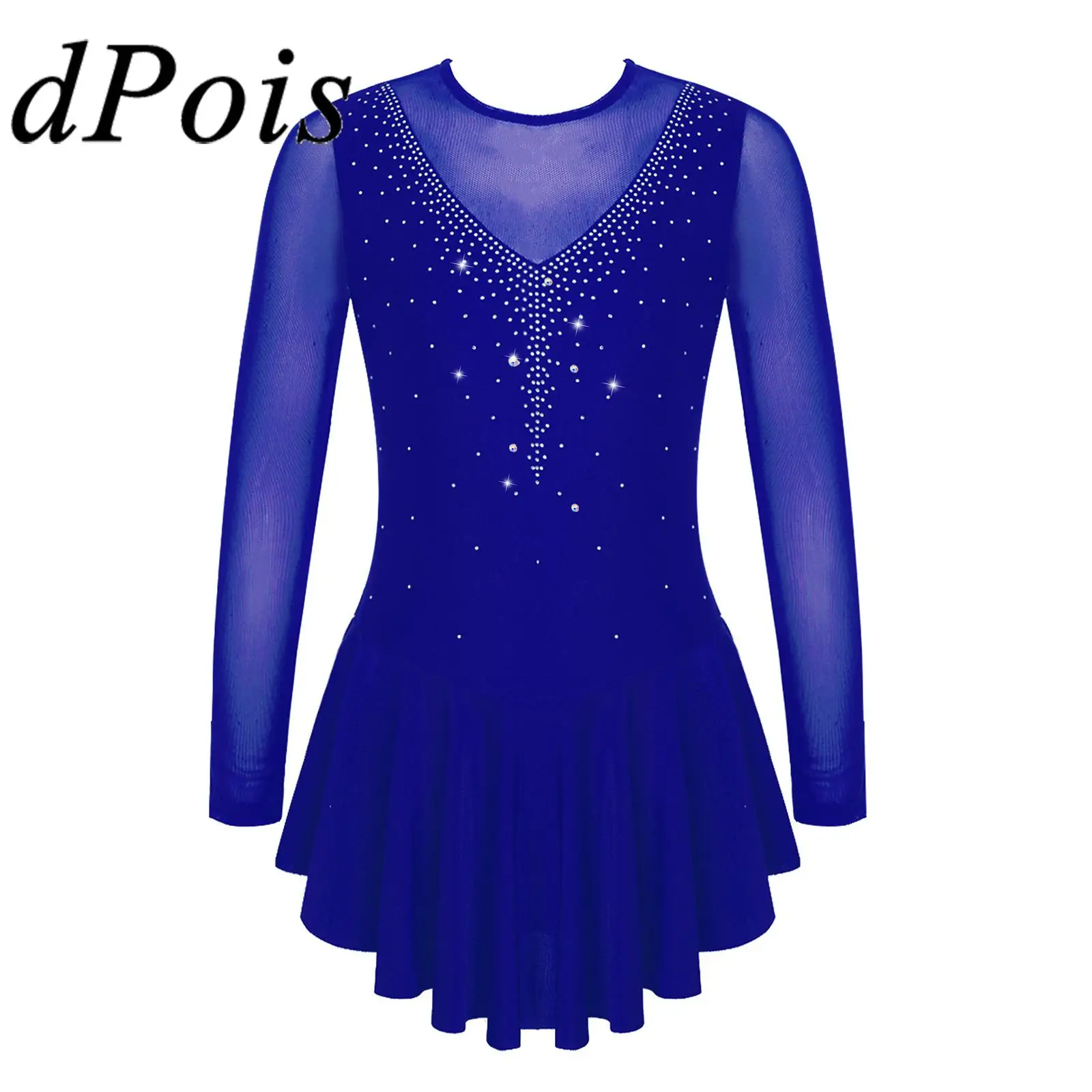 

Girls Rhinestone Figure Skating Dress See-through Mesh Splice Ballet Leotards Dresses Performance Dancewear Ice Skating Wear