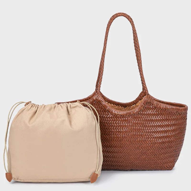 Hand-woven Genuine Leather Woven casual vegetable basket bag with Casual Woven Inside Vintage Shopping Tote Bag big szie