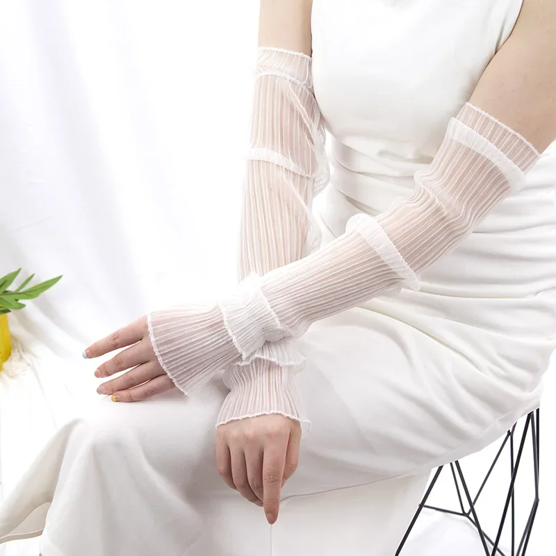 Summer Long Fingerless Gloves Women Outdoor Sun Protection Sleeves Thin Lace Mesh Arm Sleeve Sunscreen Uv Driving Mittens