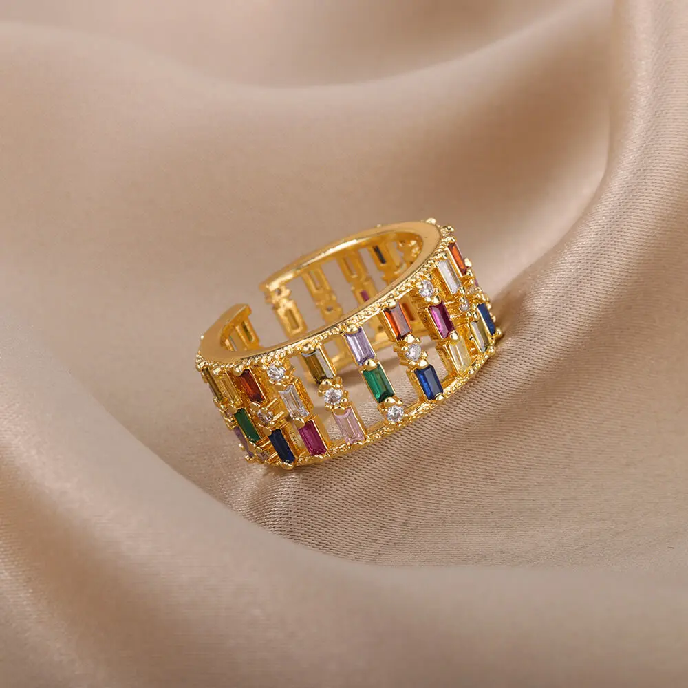 Zircon Rings Stainless Steel Gold Geometric Adjustable