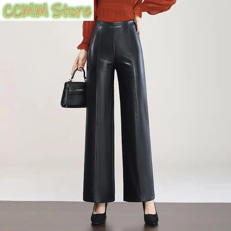 New Autumn Genuine Leather Pants Women High Waist Slimming Straight Pants Outer Wear Fleece-Lined Casual Sheepskin Long Pants