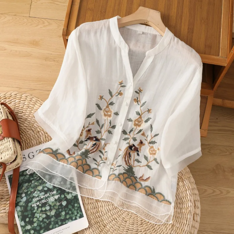 YCMYUNYAN-Vintage Embroidery Blouses for Women, Ladies Clothing, Loose, Short Sleeves, Cotton Linen Tops, Chinese Style, Summer