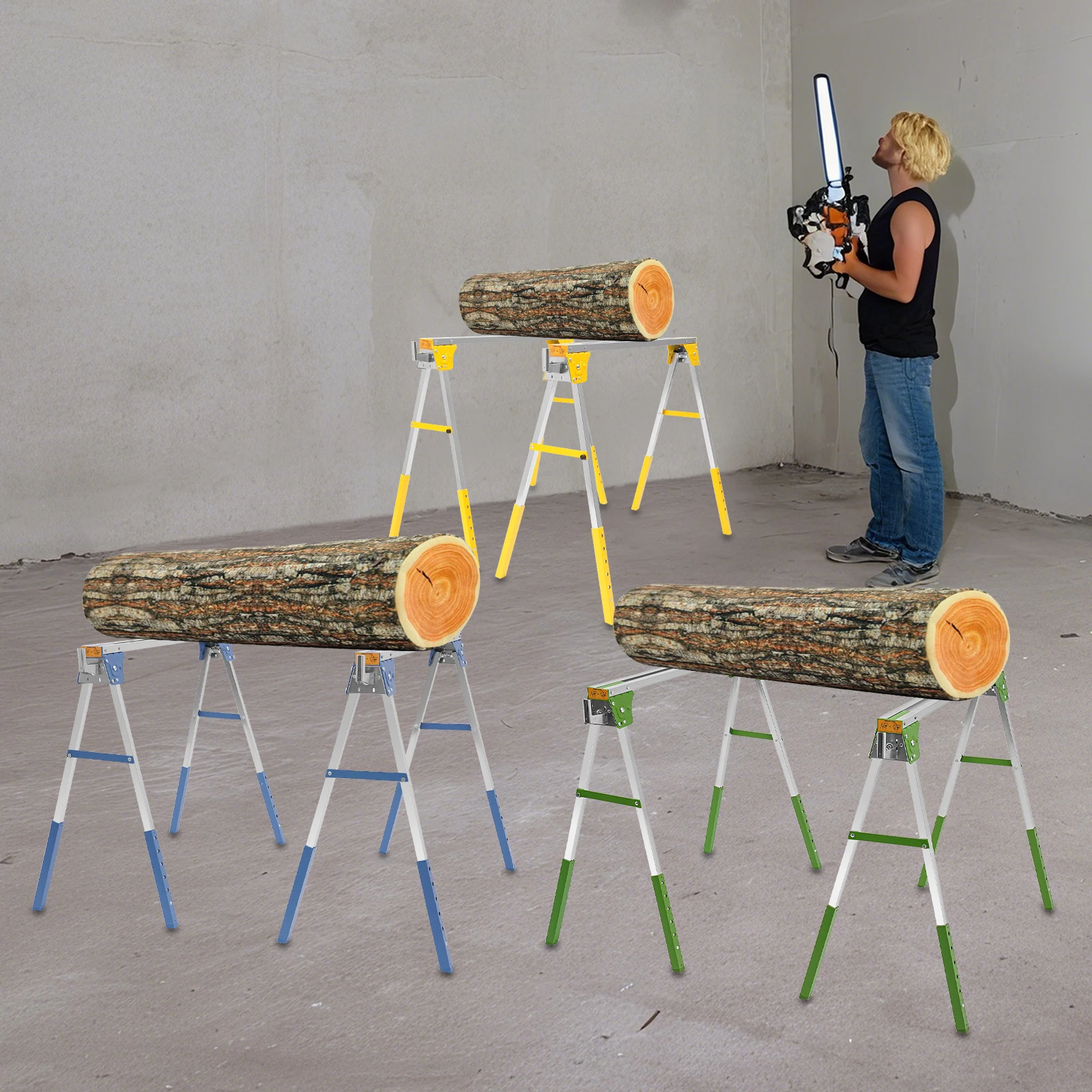 2Pcs Folding Saw Horse Chainsaw Mill Woodworking Station Adjustable Trestle 2645.55 lbs Max. Load Capacity Blue/Green/Yellow