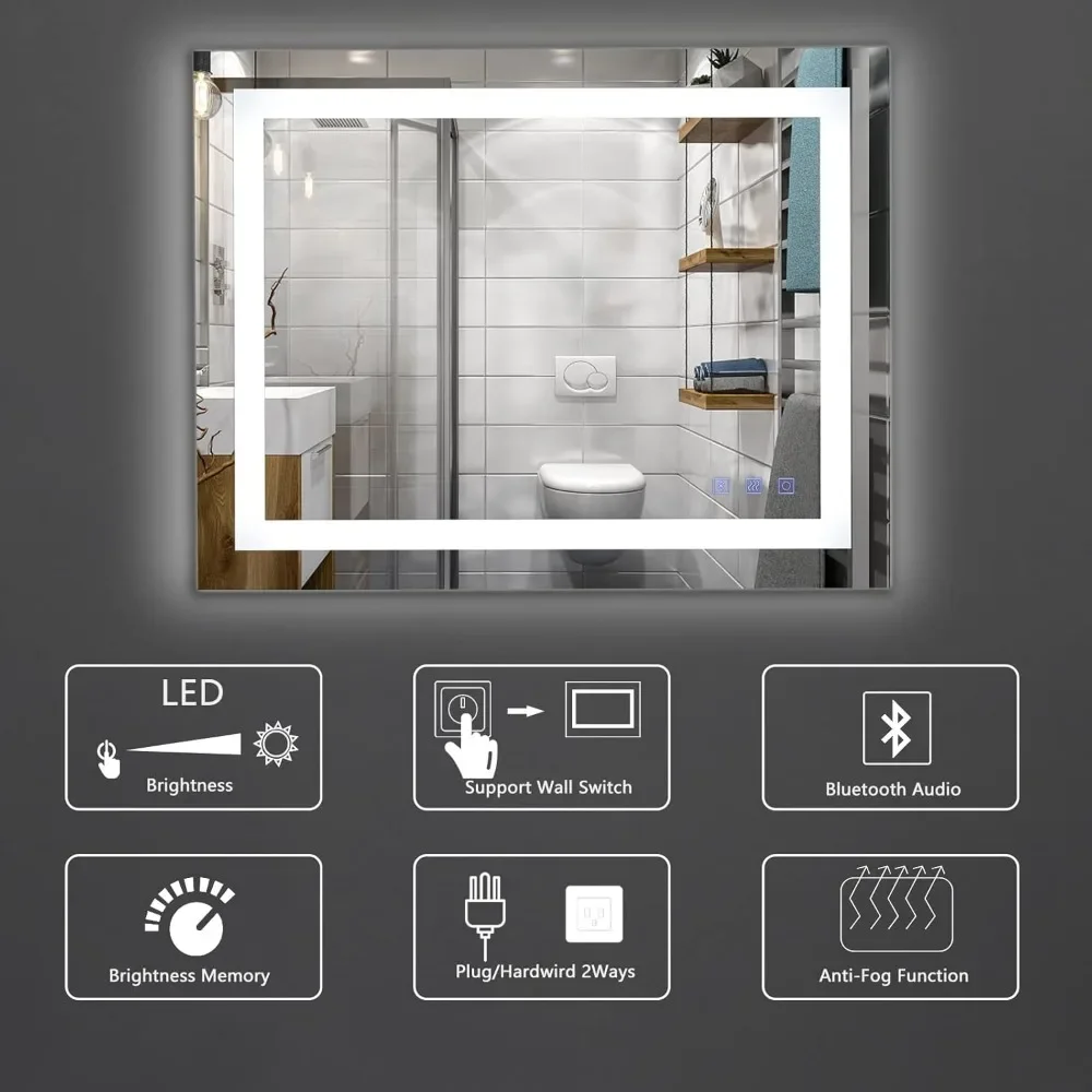 36"&times;28" Dimmable LED Illuminated Bathroom Mirror with Bluetooth Speaker, Anti-Fog Wall Mounted Bathroom Vanity Mirror