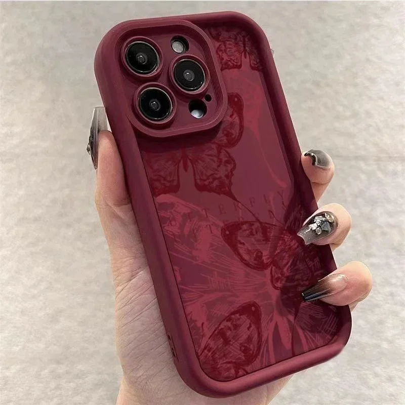 Butterfly Maroon Soft Silicone Grooved Cover For iPhone 15 14 13
