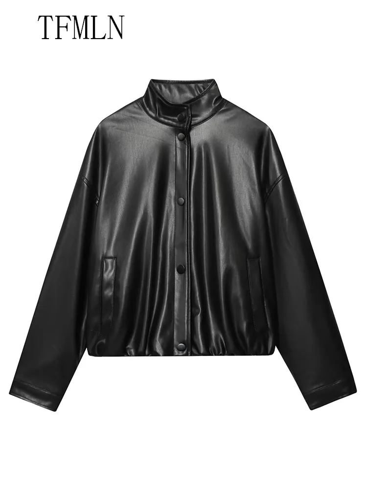 Casual Chic Faux Leather Bomber Jacket For Women 2025 New Retro Single Breasted Long Sleeve Cropped Coat Fashion 2025 Autumn