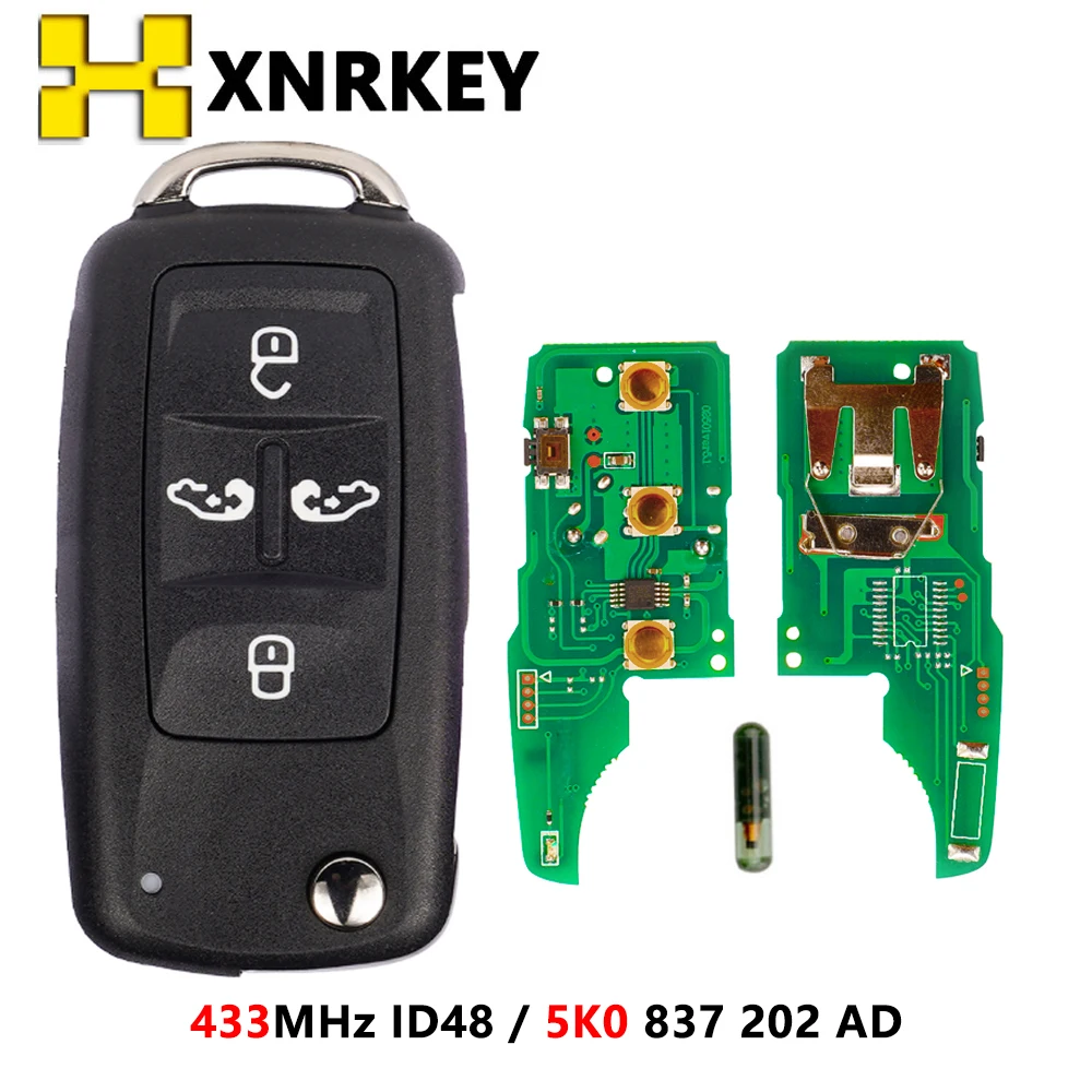 

XNRKEY 5K0837202AD 433Mhz ID48 5Buttons Flip Key Fob for VW Sharan Multivan Caravelle Car Key Remote Control Replacement