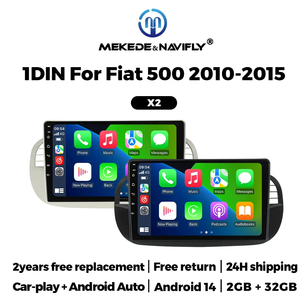 2G 64G Draadloze CarPlay Android 13 Autoradio 2 Din voor FIAT 500 2007-2015 9 inch Autoradio met Android Auto Navi GPS WiFi Mirror Link Bluetooth FM/RDS DAB/OBD/DVR/EQ Stuurwielbediening
