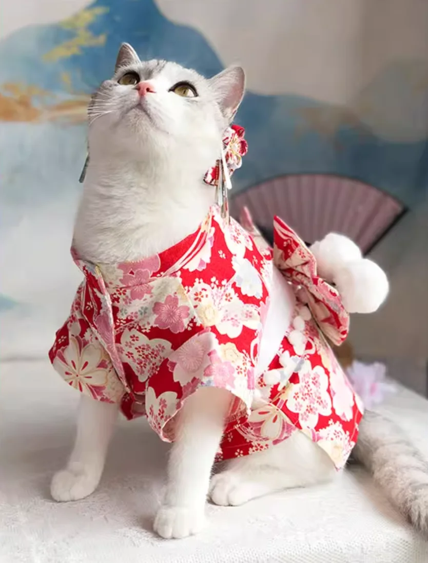 Japanese Style Thin Cat and Dog Coat, Pet Clothes for Cats and Dogs, Cute Print with Bow-knot Kitten Sphynx Clothing Outfit
