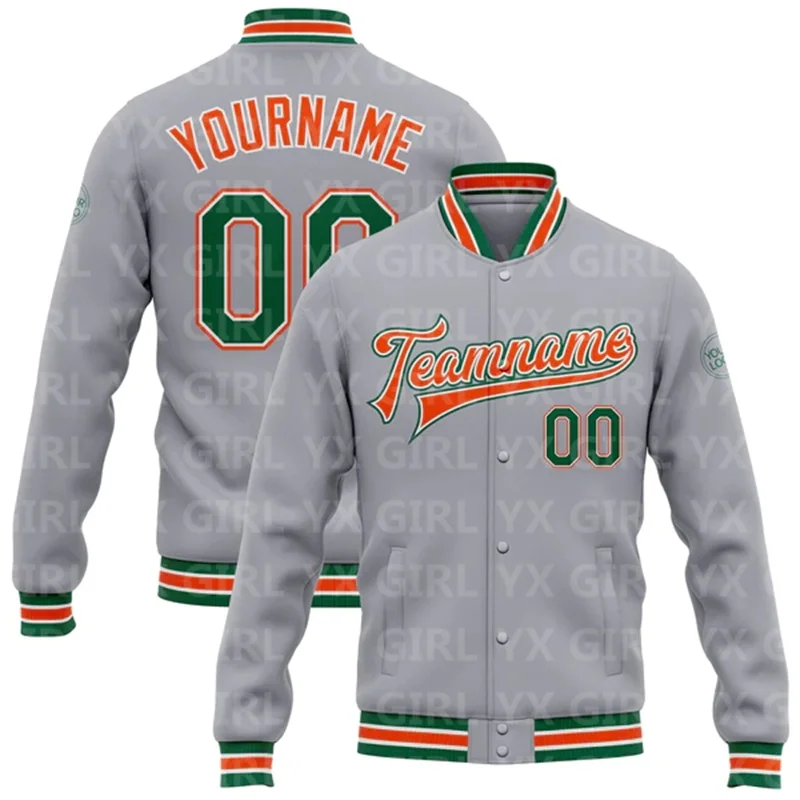 Custom Gray Kelly Green-Orange Bomber Full-Snap Varsity Letterman Jacket 3D Printed Baseball Button Jacket