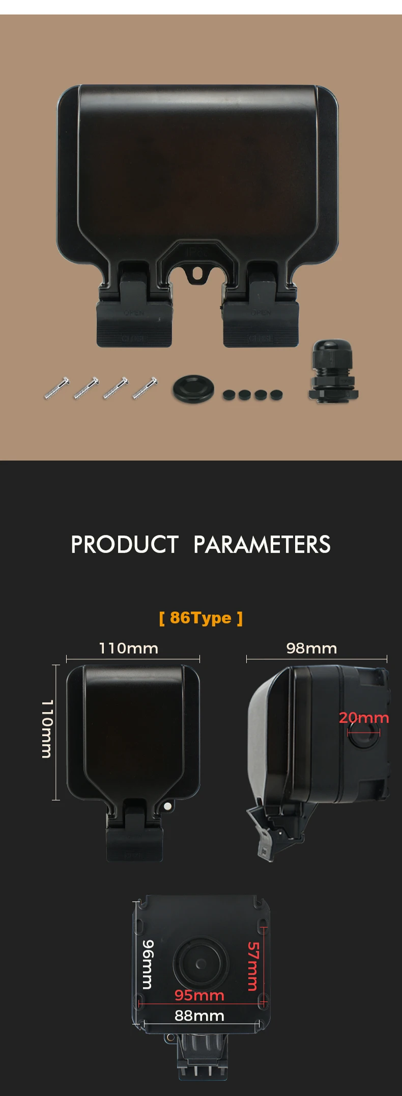 IP66 Impermeável Preto Outdoor Dual Tomadas Elétricas