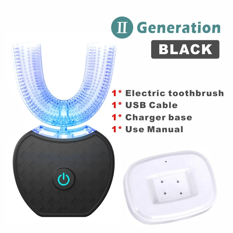 thumbnail image 1 of Cepillo de dientes eléctrico sónico automático inteligente de 360 grados con forma de U, 4 modos, temporizador, luz azul, recargable por USB, 1 of 5
