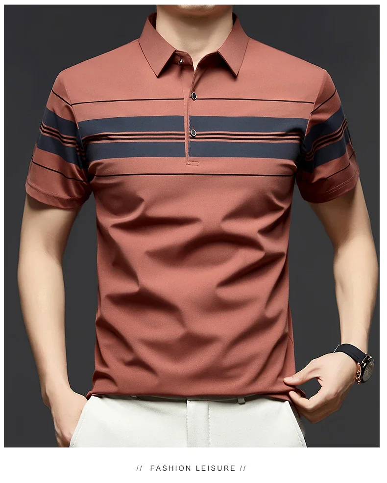 BROWON Brand 2025 Summer Men Polo Shirt Short Sleeve Lapel Collared Smart Casual Striped Office Polo Tops Tees for Men 23 S79ea12d51b0441acb368723f1933f6d0s