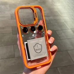 Lens Metal Ring Stand Shockproof Transparent Phone Case with Camera Glass Protection - iPhone 13 (Orange)