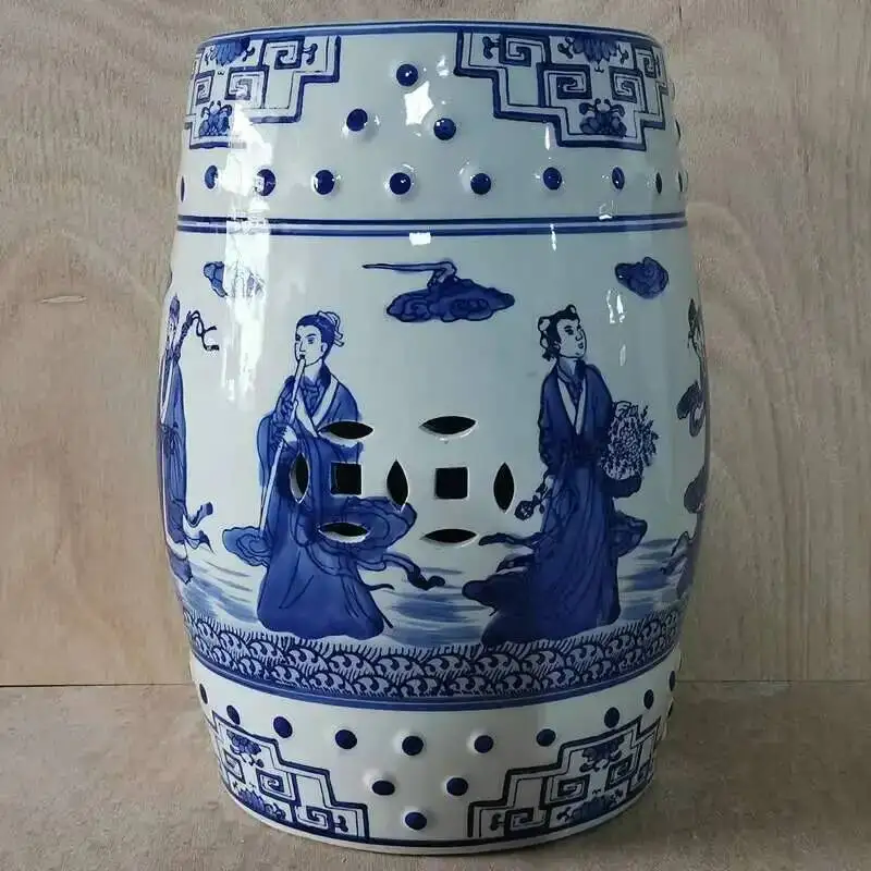 White Porcelain and Drawn Blue Shoe Hand Changing Stool Ceramic Drum Bathroom Neoclassical Imitation Sitting Stool Low Round