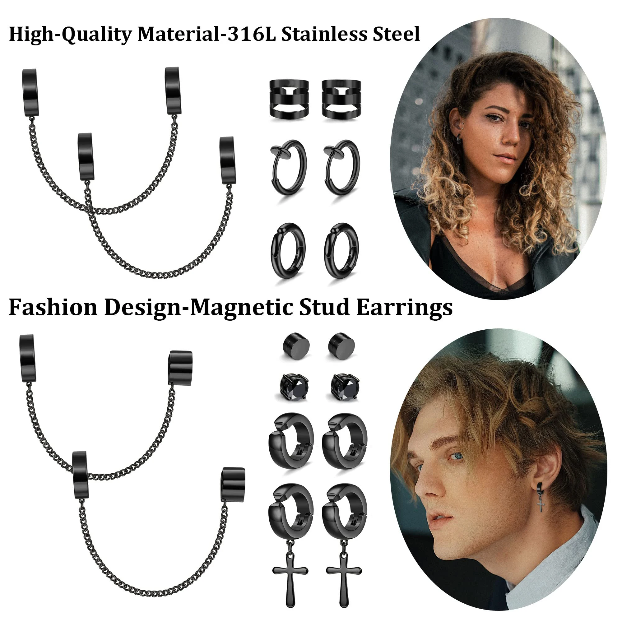 1-9 Pairs 316L Stainless Steel Non-Piercing Clip on Cross Chain Dangle Hoop Earrings CZ Magnetic Stud Earrings Set hoop earrings stud earrings ear clip earrings clip earrings ear clip ear accessories magnetic earrings