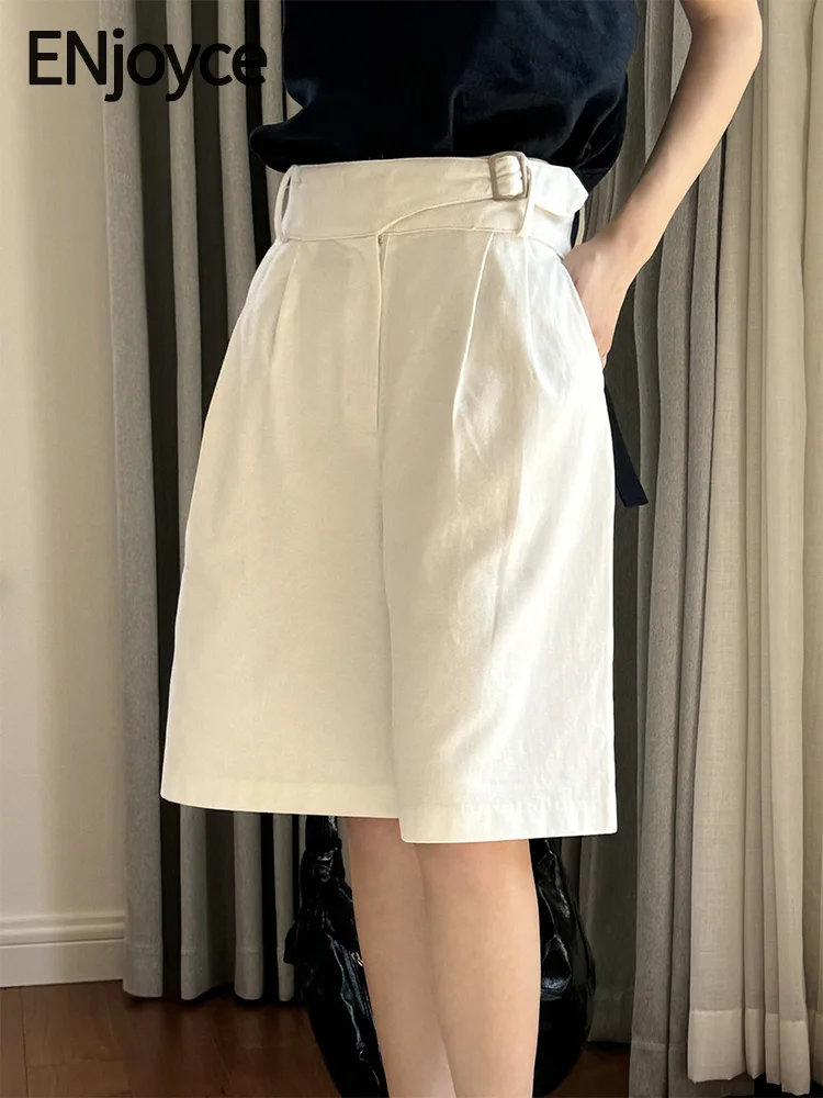 

Женские широкие брюки до колен, шорты в Корейском стиле для работы с двумя складками и диагональной пряжкой, одежда для работы, лето 2024