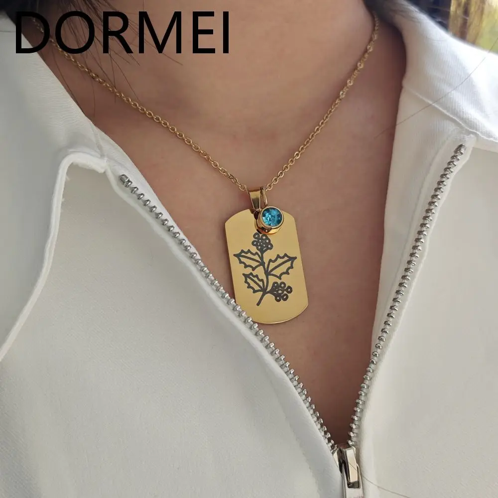 

DOREMI Engrave Name Birth Flower Necklace Birthstone Custom Name Engrave Dog Pendant Necklace Gift Jewelry Necklace